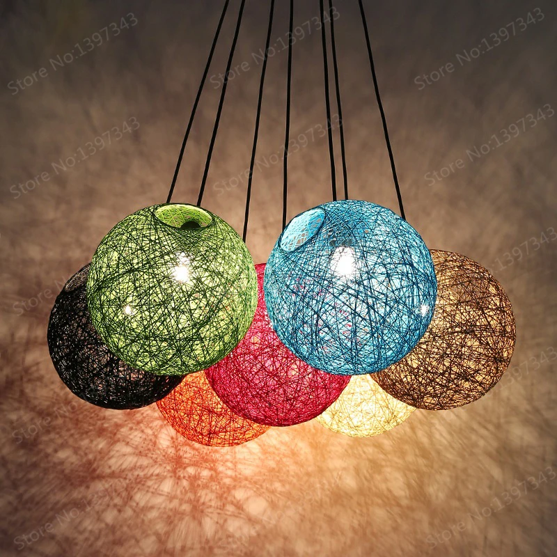 Lampe suspendue en forme de Globe, 12 couleurs au choix, 25cm/35cm/50cm, en chanvre, pour chambre à coucher, nordique, nordique, rustique, américain