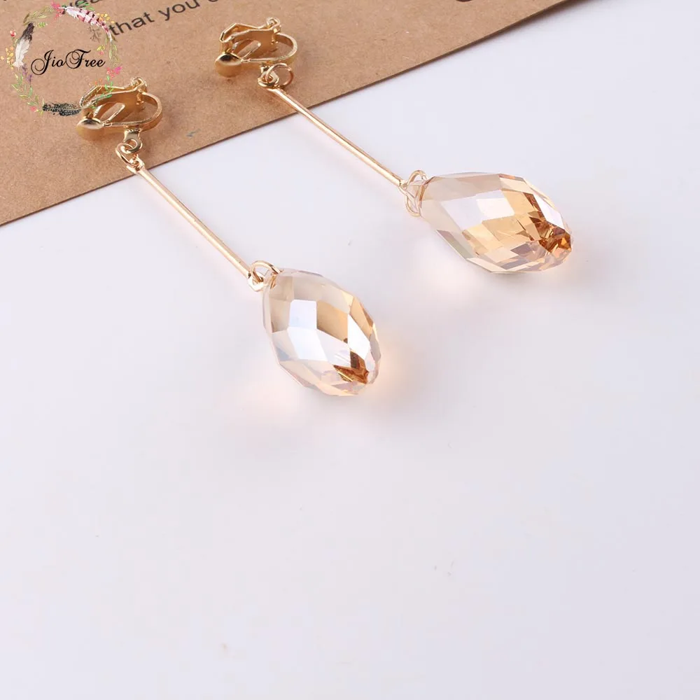 Fashion New Arrival Women Trendy Long crystal Clip On Earrings Without Piercing Women Earring for Chrismas Birthday gift