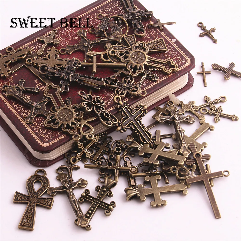 SWEET BELL 60Pcs Vintage Metal Mixed Cross Charm for Jewelry Making DIY Handmade DIY Handmade Craft Cross Pendant Charm H3022