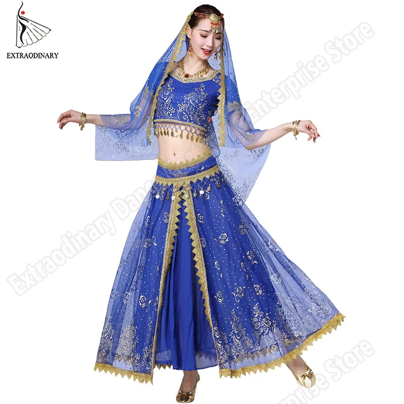 

New Women Indian Belly Dance Costume Set Dance Sari Outfit Bollywood Stage Performance Chiffon Top Belt Skirt Bellydance