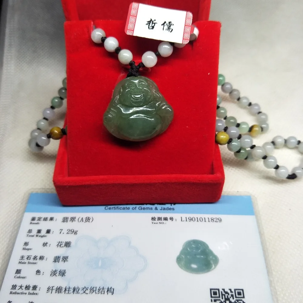 Zhe Ru Jewelry Pure Natural Jadeite Dark Green Laughing Buddha Pendant Tri-Color Bead Necklace Send Class A Certificate