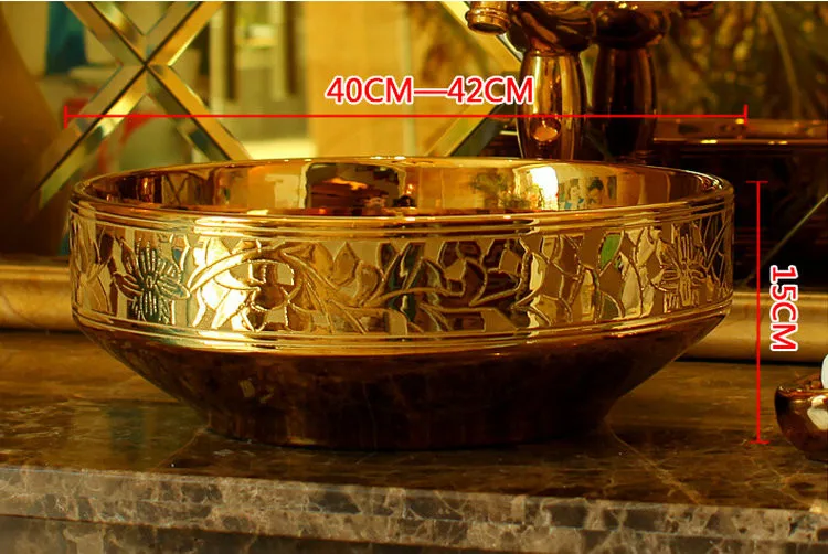 Gold Jingdezhen Bathroom ceramic sink wash basin Counter Top Wash Basin Bathroom Sinks white porcelain vessel sink