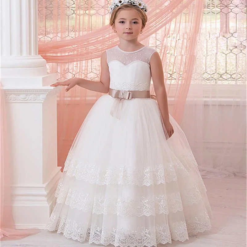 sleeveless Cascading Lace Flower Girl Dresses For Weddings First Communion Dresses With Ribbons Girls Pageant Gown