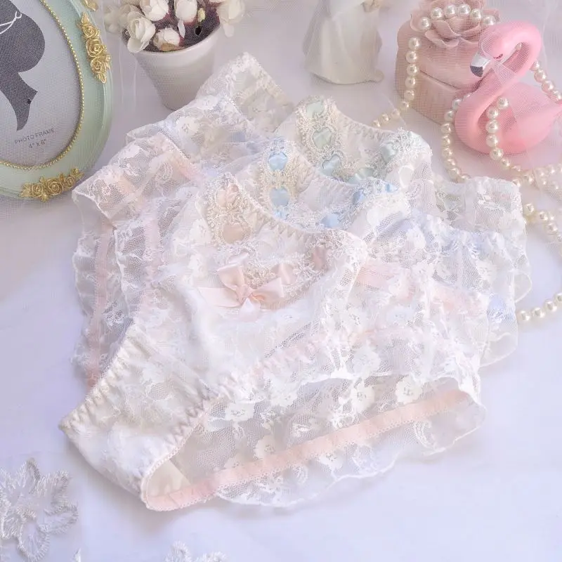 Sexy Transparent Lace Women Underwear Princess Embroidery Cute Lovely Style Panties Female Ruffle Hollow Lingerie Breifs LD773