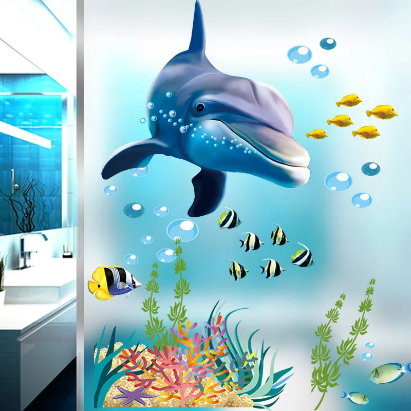 Cartoon Underwater World Dolphins Animals Wall Sticker Kids Rooms Decals Bedroom Nursery Glass Windows Home Decor Stickers