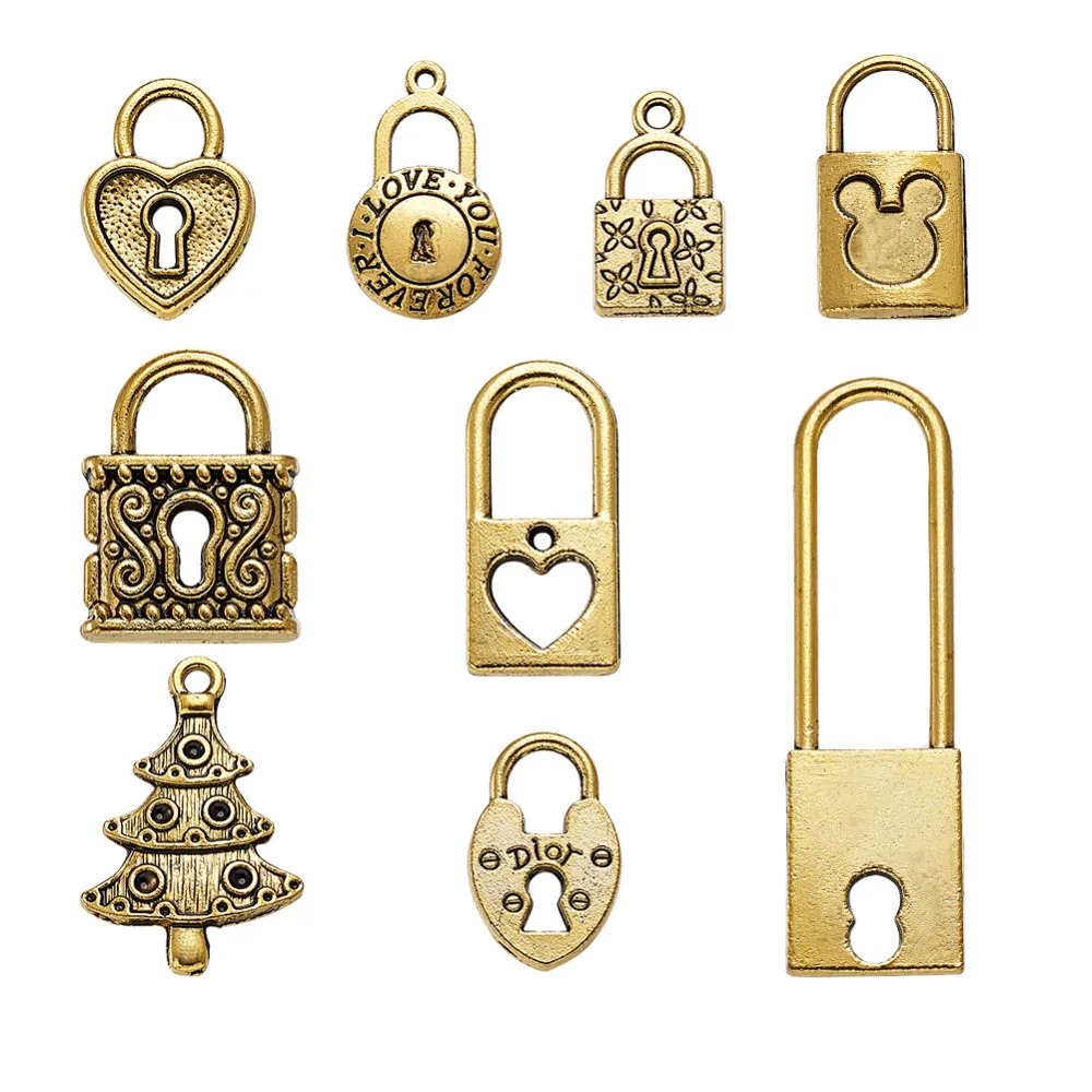 Approx 35~40pcs/100g Tibetan Style Antique Golden Mixed Shape Keys/Locks Pendants Charms 18~49.5x9~17x1~5mm, Hole: 1~29x2~9mm