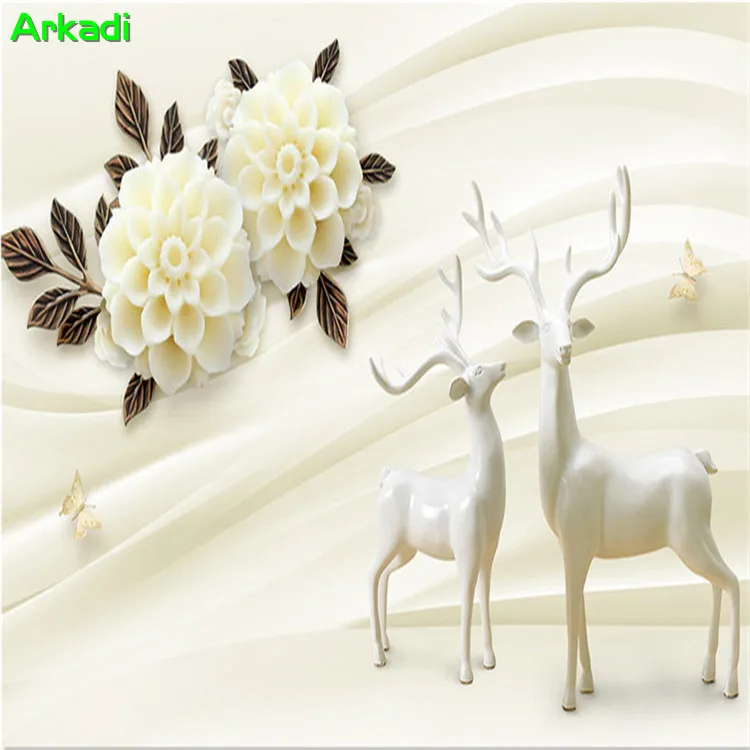 3D Striae Elk Hydrangea Hydrangea Flowers Modern TV Background Wall Decoration Photo White Flower Emboss Murals Can Be Customize