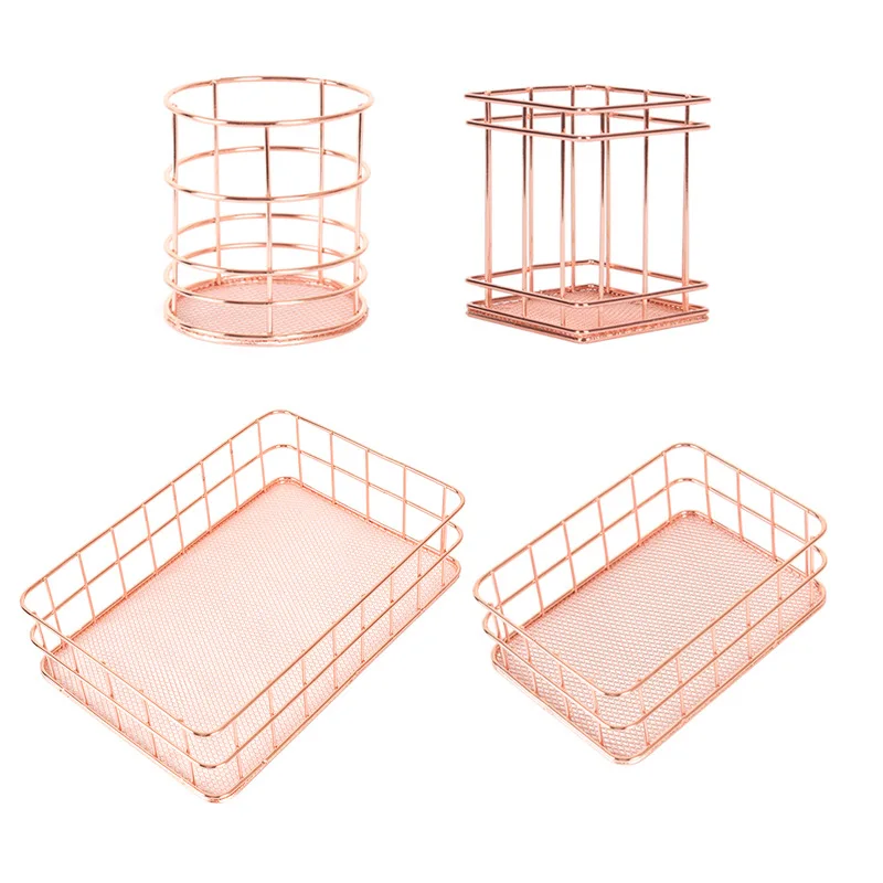 Iron Storage Basket Rose Gold Metal Makeup Brushes Holder Desktop Pen Cosmetic Organizer Collection Baskets Bathroom Shelves