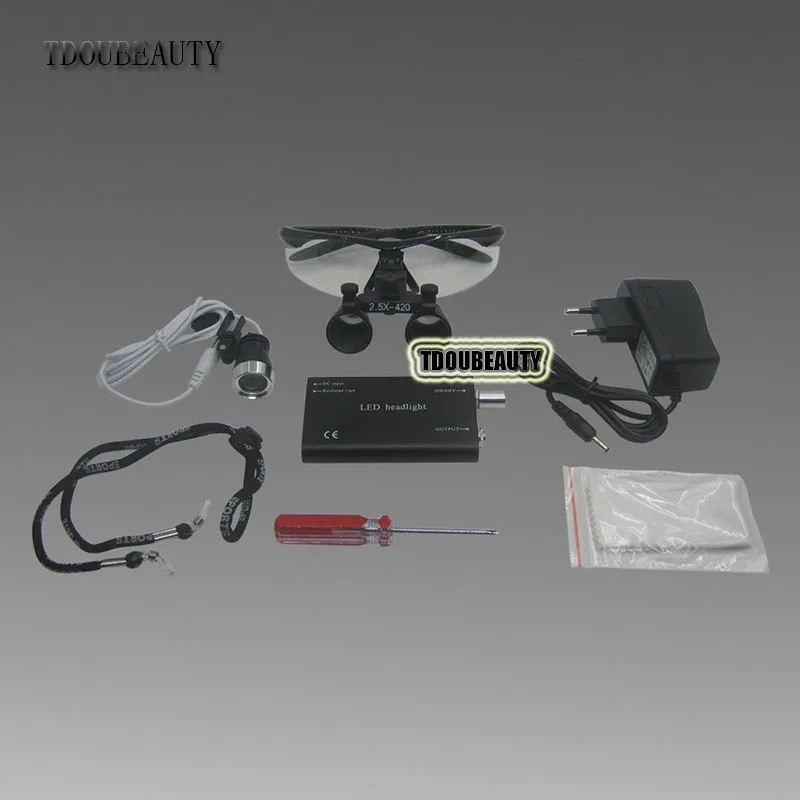 TDOUBEAUTY New 2.5x 420mm Surgical Binocular Loupes +Head Light Lamp +Aluminum Box(Black) Free Shipping