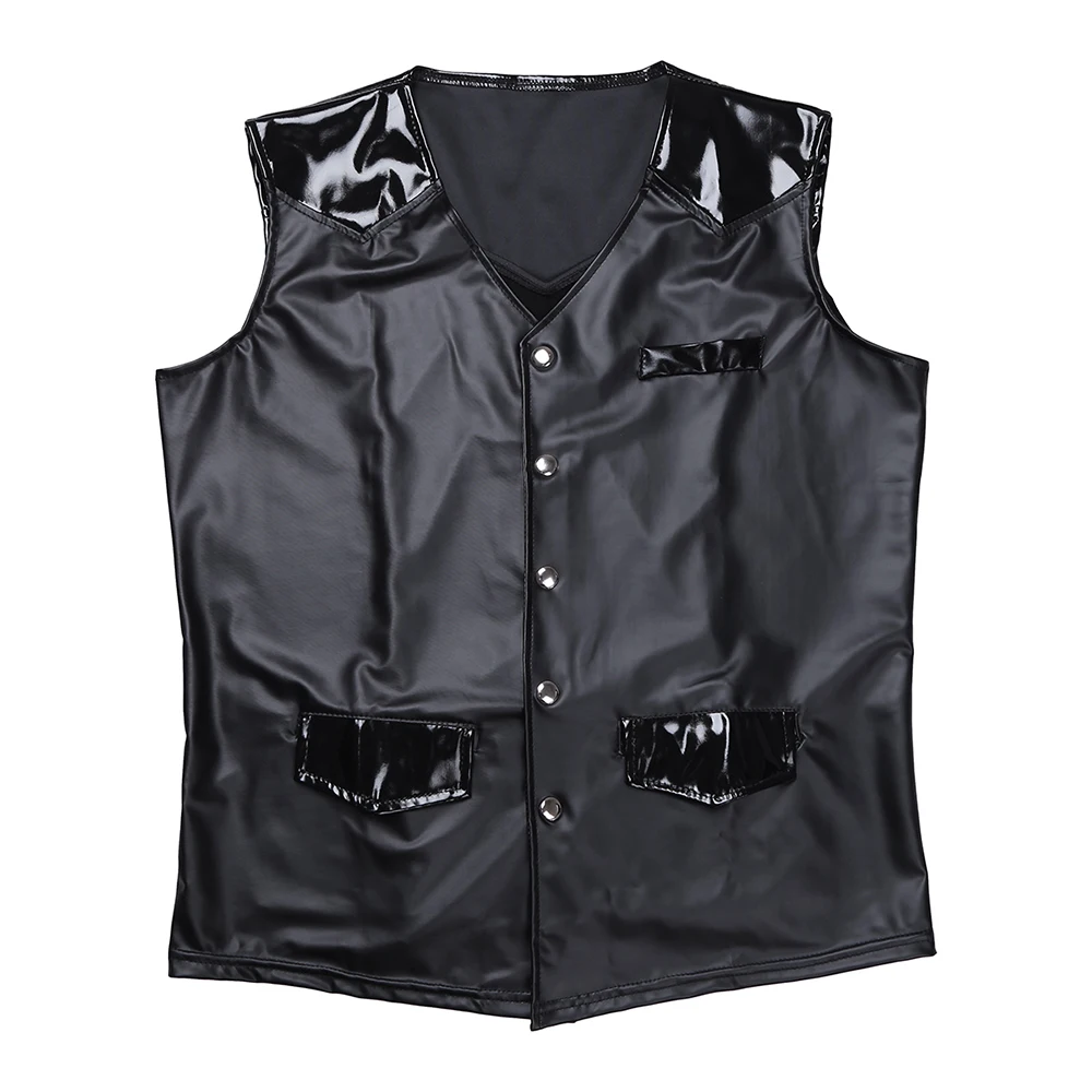 Men PU Leather Splice Patent Leather V Neck Sleeveless Vest with Front Snap Buttons Pockets Clubwear Costume Gothic Tank Tops