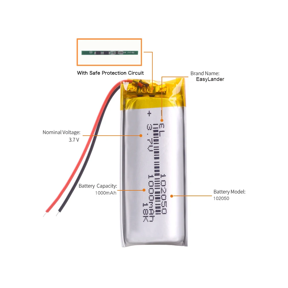 Bateria recarregável do polímero do Li-íon do lítio, 3.7V, 1000mAh, 102050, MP3, GPS, DVD, tabuleta, Bluetooth