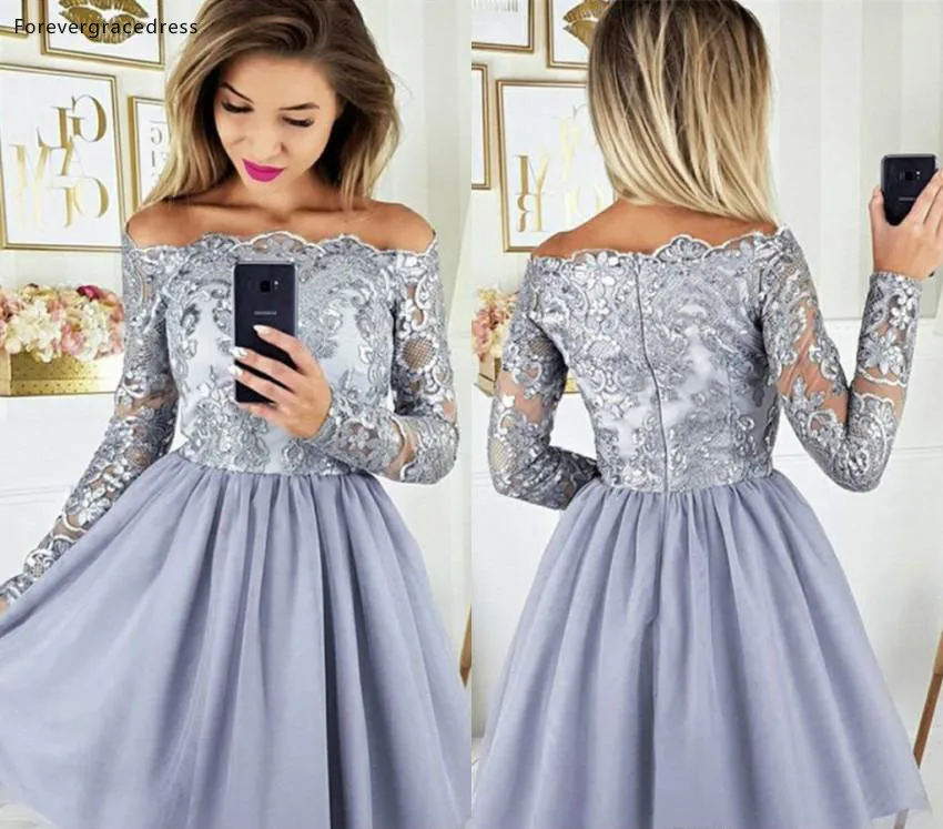 2019 Lavender Arabic Homecoming Dress A Line Long Sleeves Lace Juniors Sweet 15 Graduation Cocktail Party Gowns Plus Size