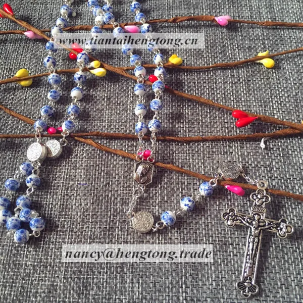 Ceramic Necklace, religous rosary, Alloy Religious Cross Pendant, Drifting Ceramic Print