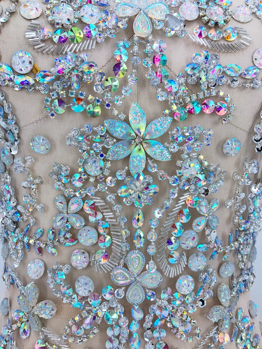 A15 Hand made crystals trim patches clear AB colour sew on Rhinestones applique 48*32cm for top dress skirt DIY accessory