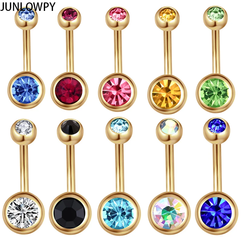 JUNLOWPY Belly Ring Piercing Jewelry 100pcs/lot Double Crystal Body Piercing Jewelry Stainless Steel Gold Navel Bar Piercings