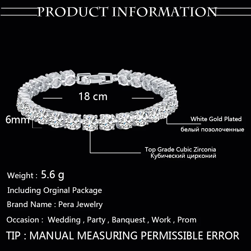 Pera Classic 0.5 Carat Round Shape Connected Cubic Zirconia Stone Silver Color Women Wedding Bracelets Jewelry For Gift B015