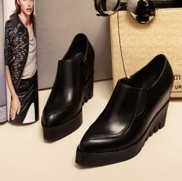 XGRAVITY 2027 Sexy Genuine Leather Lady High Heel Dress Wedges Design Pointed Toe Woman High Heels Ladies Platform Shoes A067
