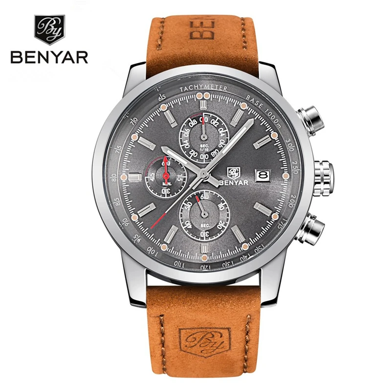 BENYAR Brand Watch For Men Fashion Waterproof Military Chronograph Sport Quartz Wristwatch Leather Clock Saat Relogio Masculino