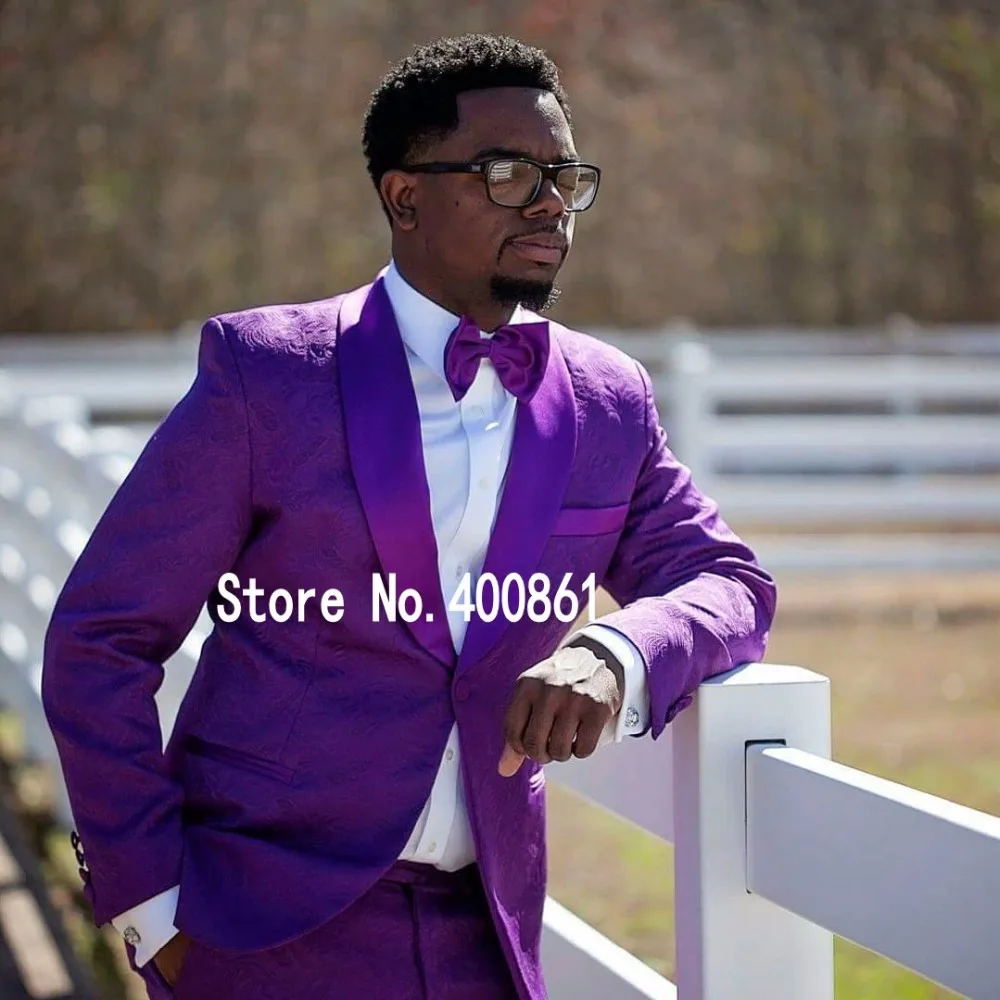 

Classic Style One Button purple Paisley Groom Tuxedos Shawl Lapel Groomsmen Best Man Mens Wedding Suit (Jacket+Pants+Tie) W:458