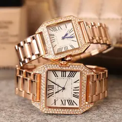 HK GUOU-relojes de cuarzo para hombre y mujer, pulsera cuadrada de lujo con diamantes de acero dorado, regalo de alta calidad