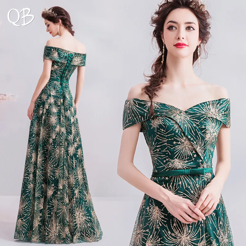 Green A-line Cap Sleeve Sequins Tulle Long Formal Luxury Evening Dresses 2020 New Fashion Bride Party Prom Dress 118XH