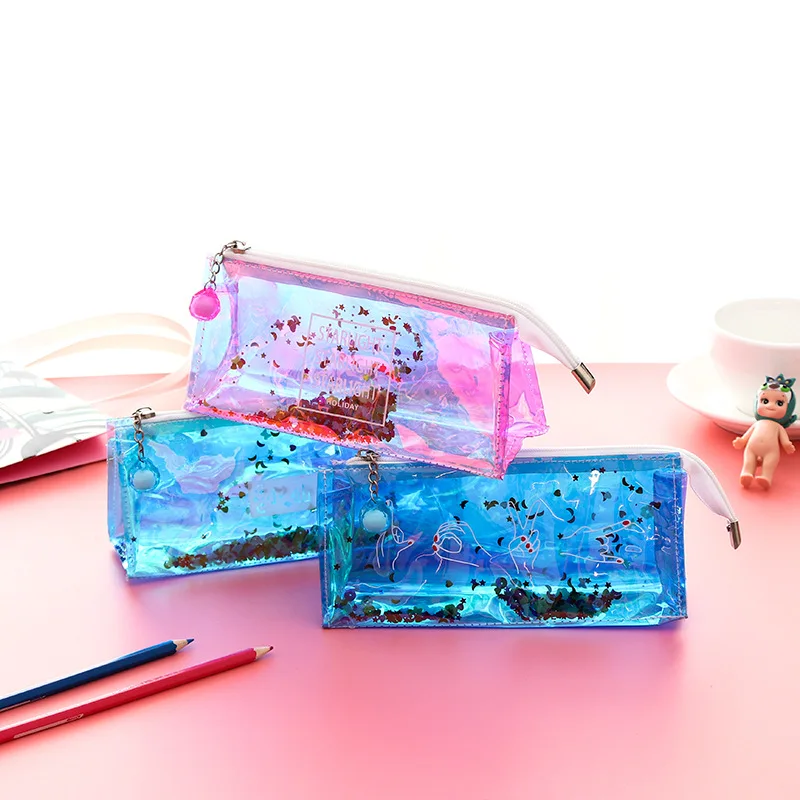 Fashion Harajuku Hologram Metallic Color Sequin Transparent Laser Pencil Case Woman Cosmetics Storage Bag Student Stationery
