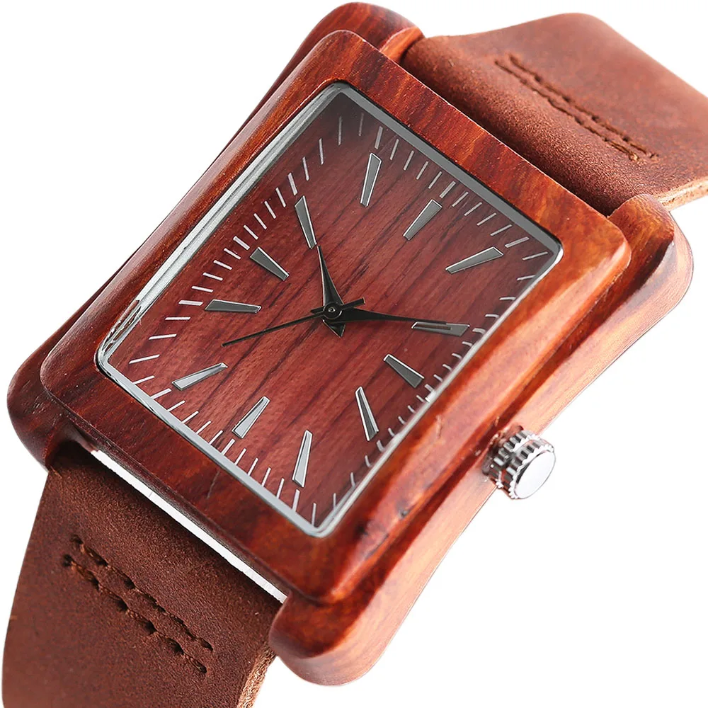 Special Watch Men Nature Log Wooden Rectangle Quartz Wristwatches Modern Genuine Leather Strap Wood Casual Bamboo Women Clock