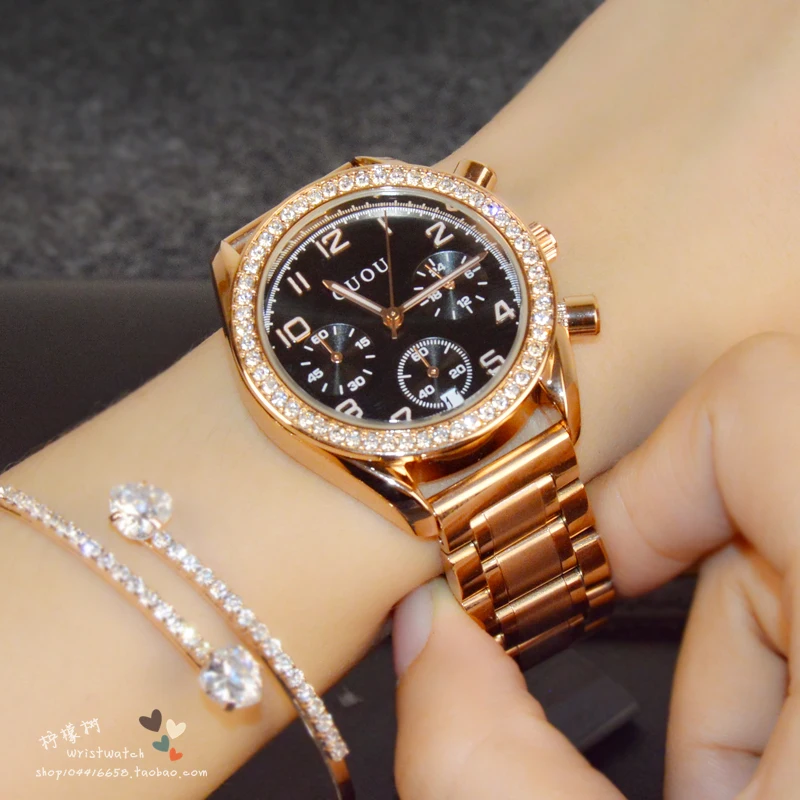 Luxurious lady watch steel band three eyes and six needles leisure fashion female watch quartz watch