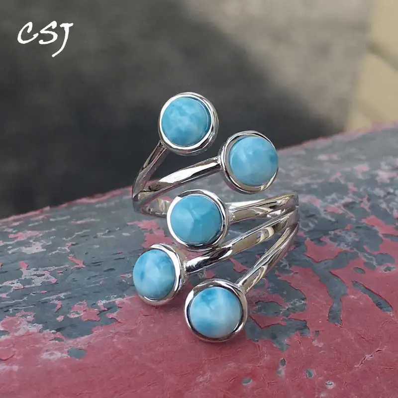 Natural Blue Larimar Ring Sterling Silver Fine Jewelry Wedding Engagement Party for Women Lady Gift