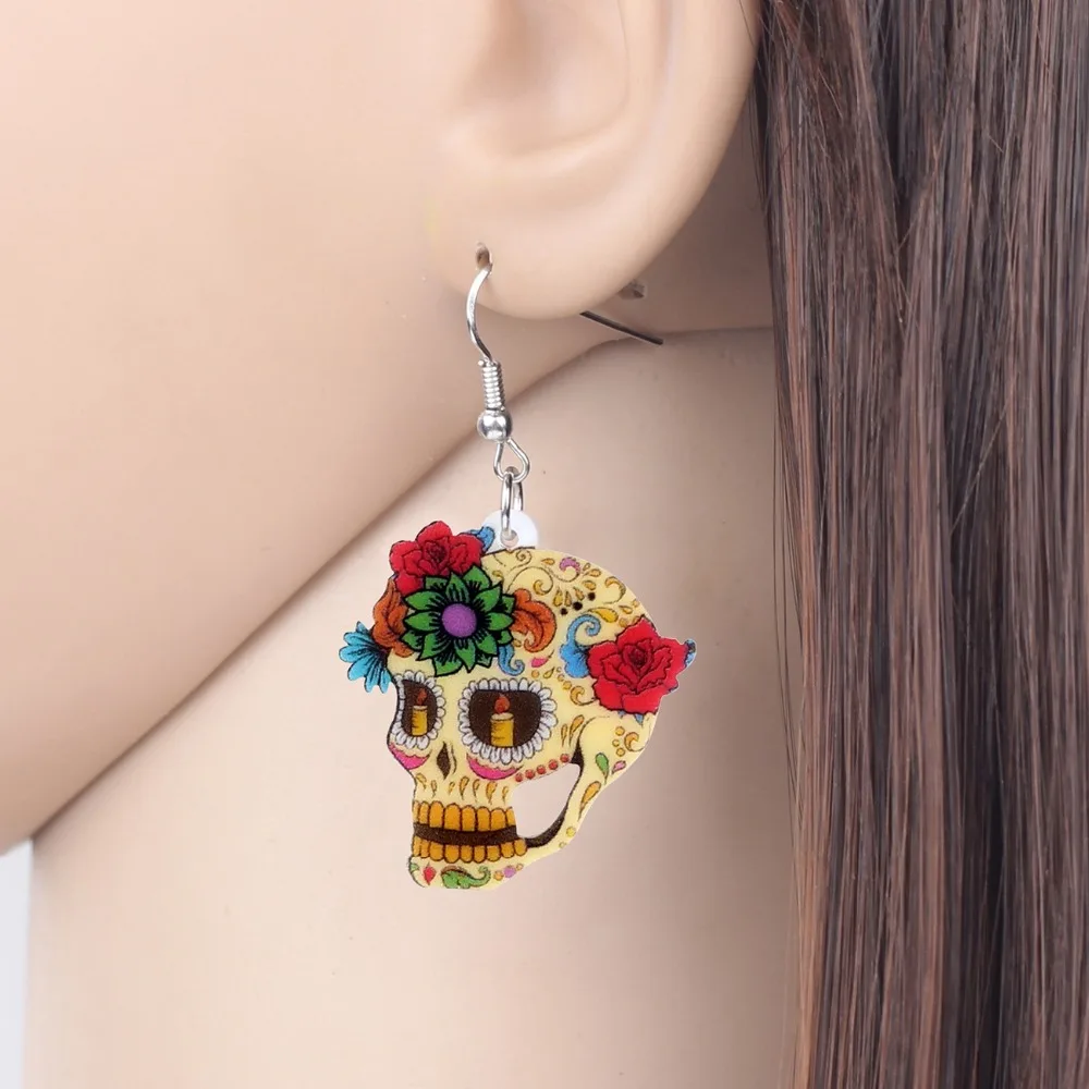 Bonsny-pendientes acrílicos con forma de calavera para mujer y niña, aretes colgantes con diseño Floral clásico de Halloween, joyería a la moda,