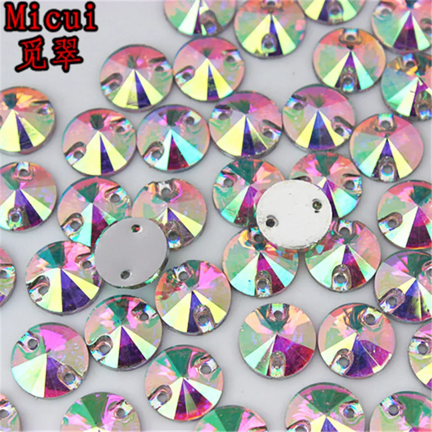 Micui 200-50szt 8 10 12 14mm Okrągłe przyszyte kryształki AB Żywica Flatback Rhinestone Kryształowe kamienie z 2 otworami do majsterkowania MC300