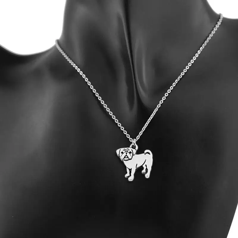 Vintage Silver Color Stainless Steel Long Chains Tiny Pug Pendant Necklace Companion Dog Necklaces For Women Men Best Gifts 2018