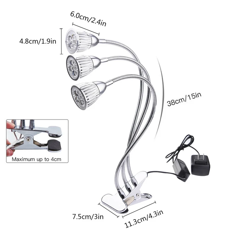 Led Grow Plant Light With Clips 15W EU US 3 Head 360 Degree Flexible Adjust Full-Spectrum UV Nurture Lamp for Indoor Plants