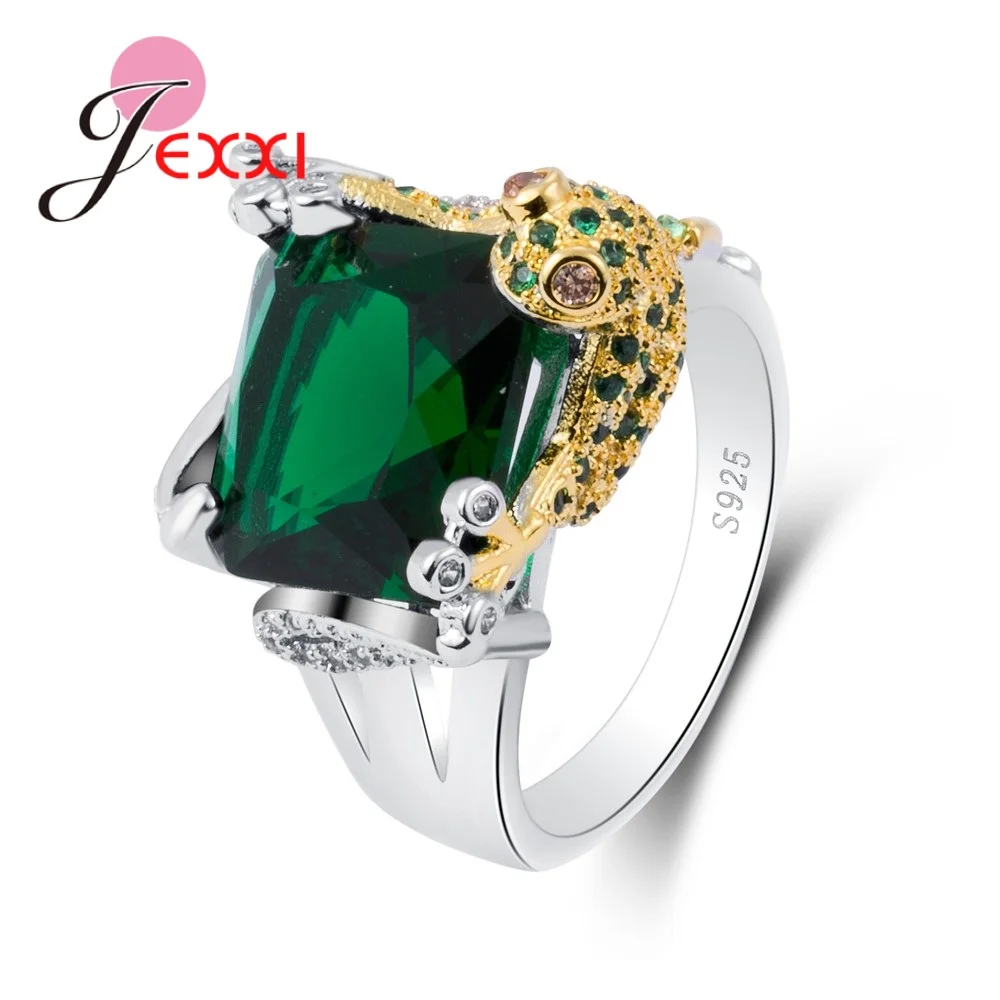 Anillo de Plata de Ley 925 con forma de rana dorada para mujer, sortija geométrica de alta calidad con cristal verde cuadrado, joyería de fiesta