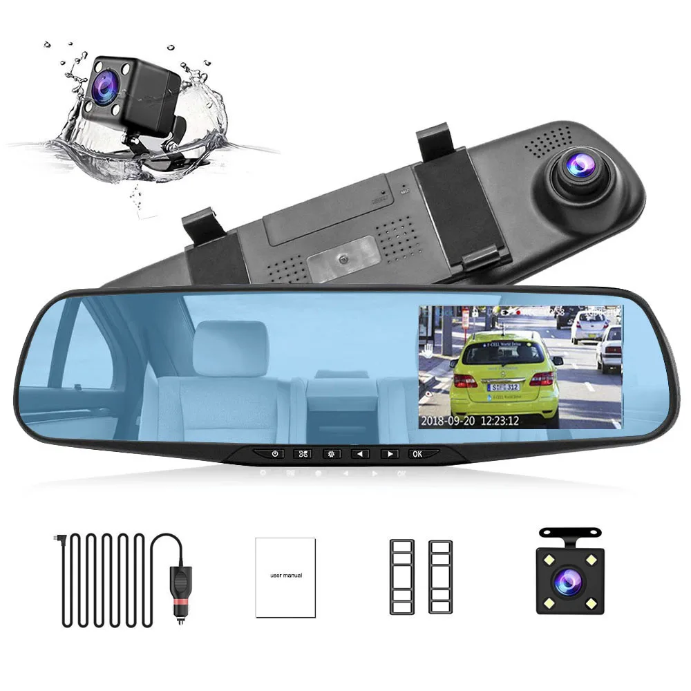 

HGDO 4.3" Rearview Mirror Dash Cam Dual Lens FHD 1080P Vehicle Video Recorder Autoregistrator Car Dvr with two Cameras 24H