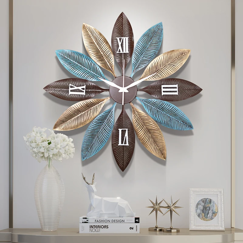 American Wrought Iron 3D Decorative Leaf Wall Clocks Crafts Wall Decoration Home Livingroom Sofa Background Wall Mural Ornaments