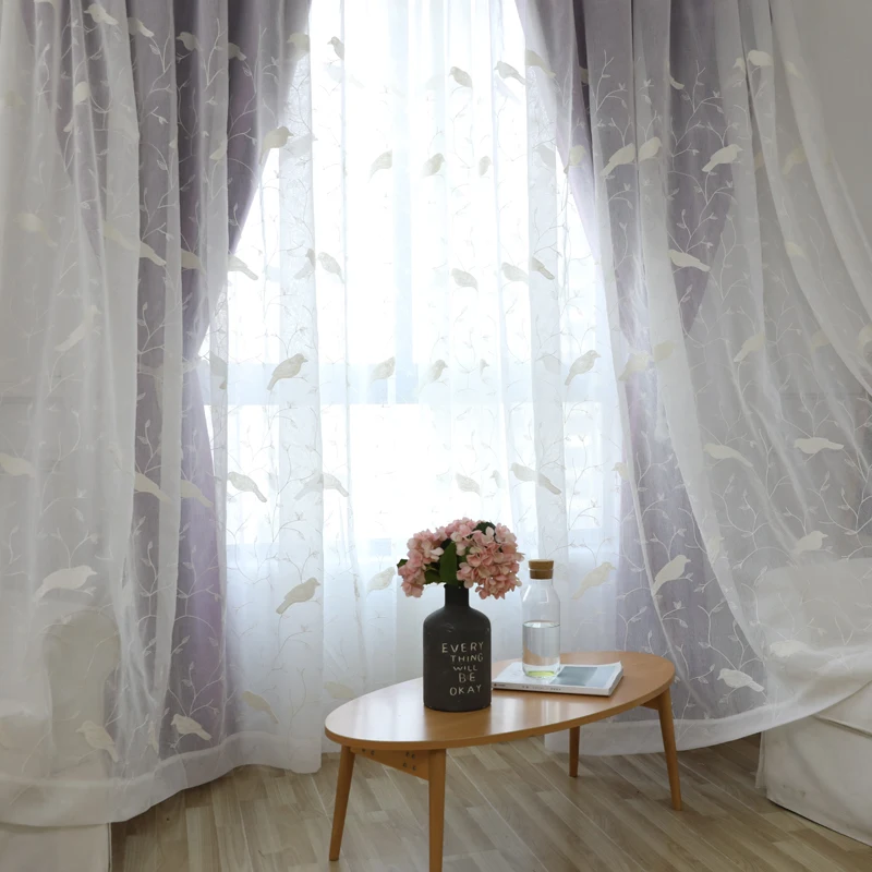 White Tulle Curtains for Living Room Small Birds Pastoral Curtains for Kids Bedroom Embroidered Sheer Voile Tulle Blinds Drapes