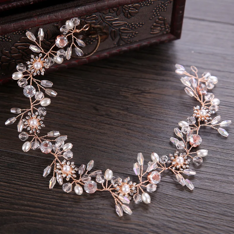 KMVEXO Gorgeous Rose Gold Color Rhinestones Crystals Pearls Flower Wedding Headband Bridesmaid Bridal Hair Vine Hair Accessories