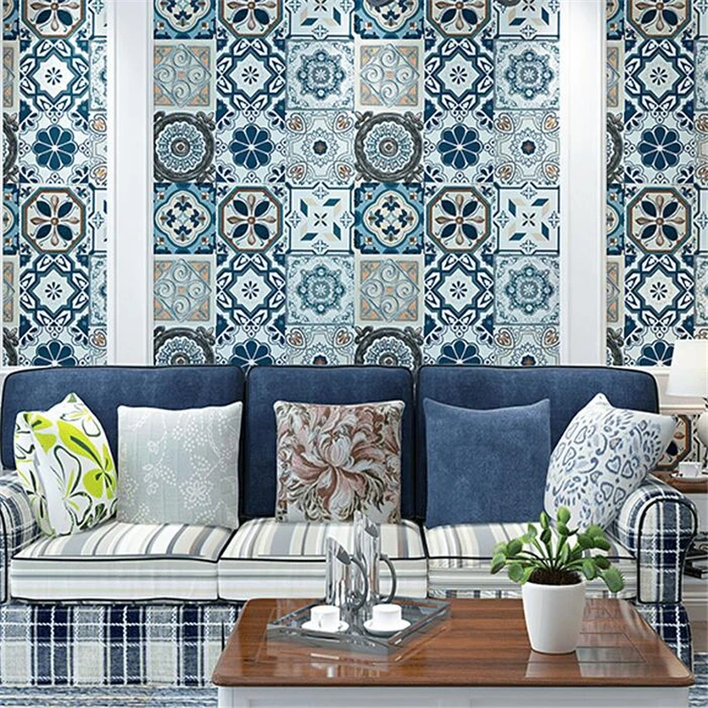 

wellyu Imitation tile wallpaper background wall Bohemian ethnic Southeast Asian style living room Thai beauty salon wall paper