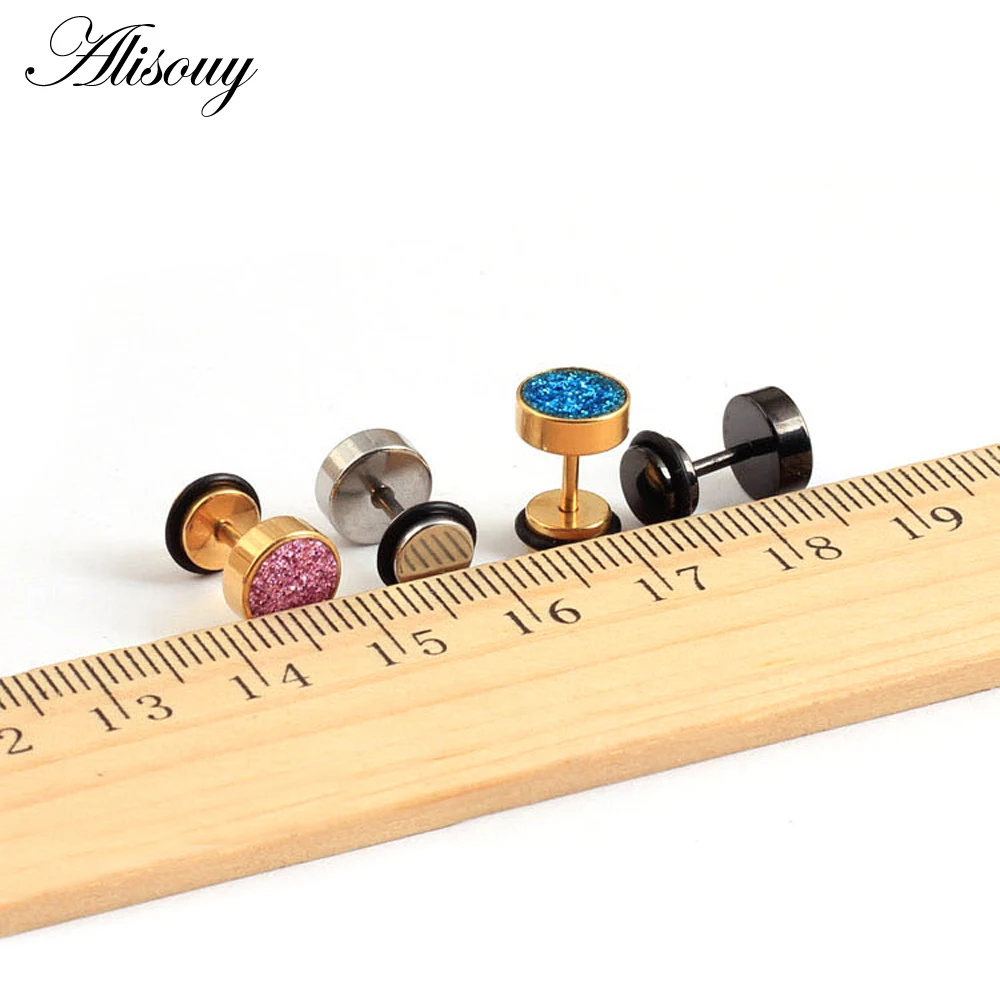 Alisouy 1Pair Black Gold Color Stainless Steel Barbell Round Stud Earrings Punk Women Men frosted Scrub Screw Ear Jewelry