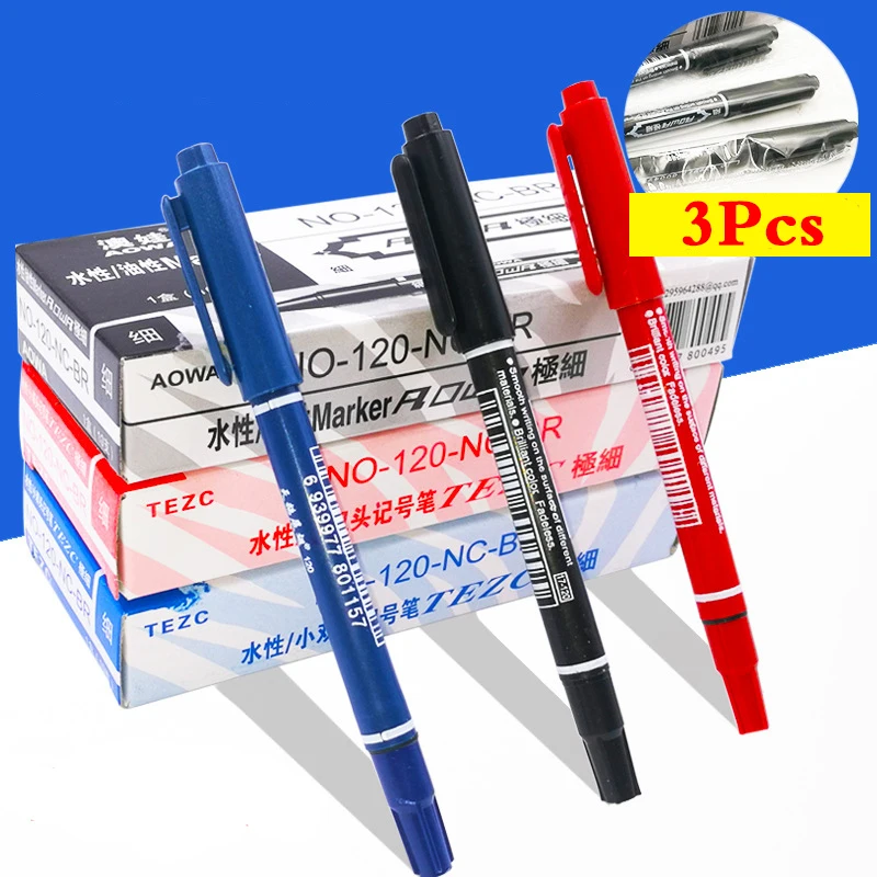 3Pcs Dual Tip 0.5/1MM Black Blue Red Permanent Markers Pens Sign Marker Pen for Fabric Metal Quality Fineliner for Drawing