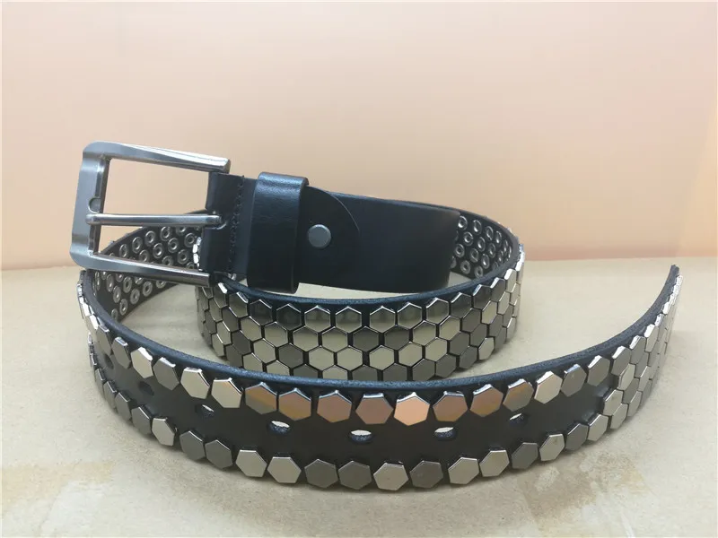 Heavy metal hexagonal studded men's denim belt Rocky jeans leather punk belt designer men's belt punk rivet belt