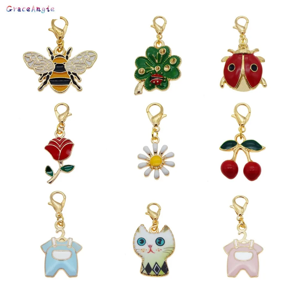 9pcs Dangle Charms Pendant with Lobster Clasp Enamel Cat Rose Bee Ladybug Daisy Cherry DIY Keychain Earrings Jewelry Making