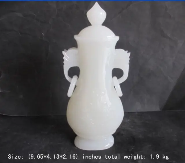 9.65 inch / Elaborate 100% of Afghanistan white jade carved by hand flower dragon vase