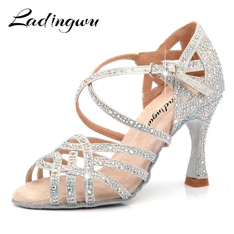 

Ladingwu Rhinestone Latin Dance Shoes Women Salas Ballroom Shoes Pearl High Heel Waltz Software Shoes Hot Sale Silver Blue