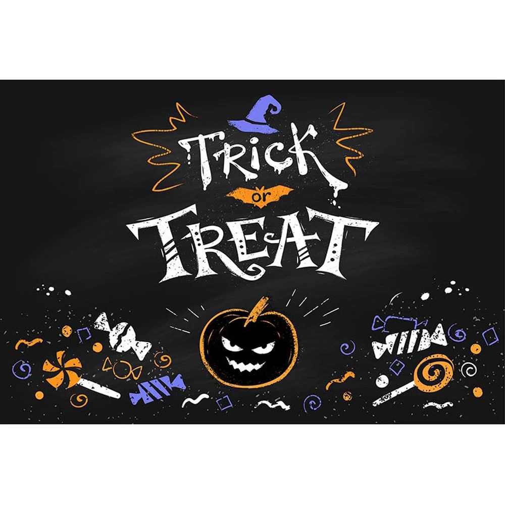 Black Halloween Backdrops Printed Blue Hat Pumpkin Lantern Candies Kids Children Trick or Treat Party Photo Booth Background