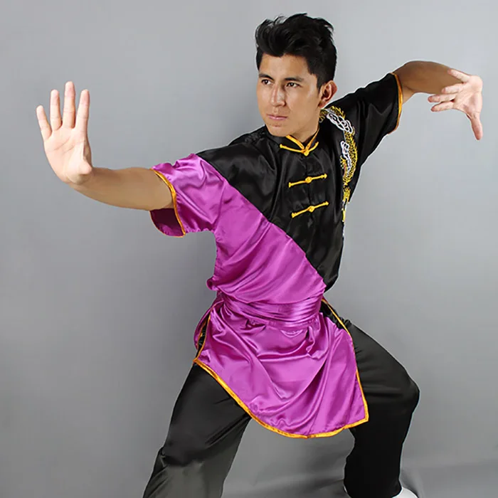 

Unisex Double Colors Taiji Short Sleeve Clothing Embroidered Dragon Wushu Clothes Competition Show Changquan Jacket + Pants
