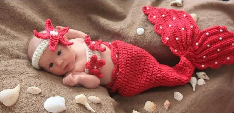 Diadema + disfraz de cola + sin tirantes para bebé, accesorio de ganchillo para fotos de 3 piezas, conjunto de sirena de 0 a 1M o 3 a 4 meses, envío gratis