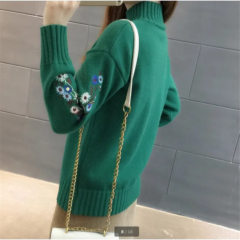 UHYTGF Fashion Women Sweaters 2023 Autumn Winter Sweater Woman Pullovers Flower Embroidered Turtleneck Knitt Sweater Long sleeve