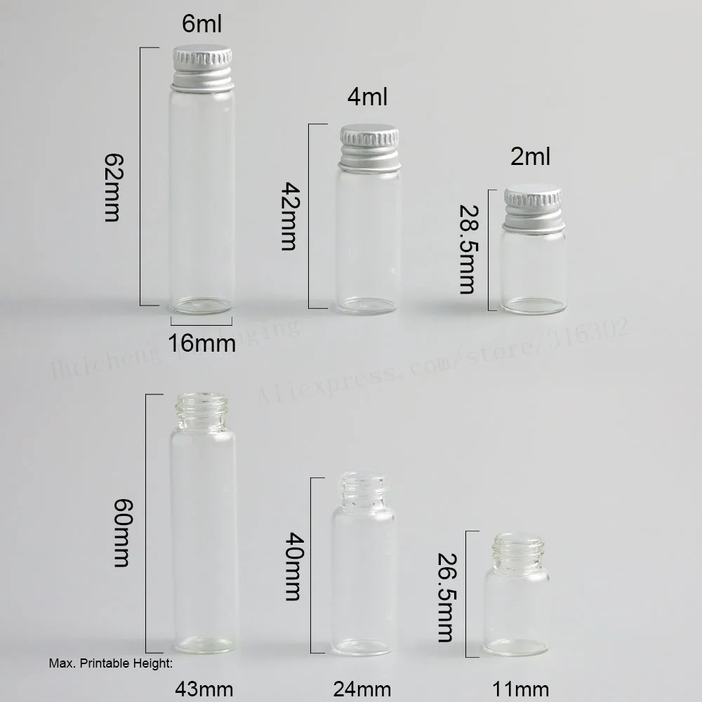 Recipiente de vidro transparente com tampa de alumínio, garrafa de vidro pequena com tampas de parafuso para uso em óleo essencial de 100x2ml 4ml 6ml